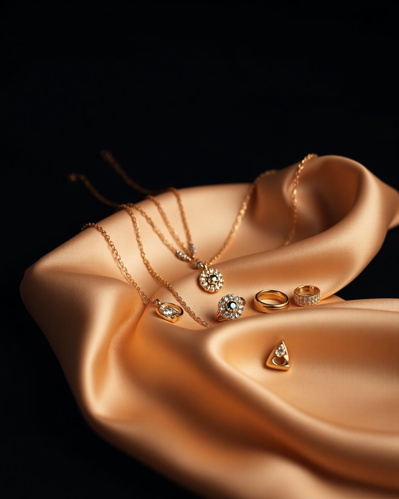 Curated jewellery pieces arranged on champagne silk